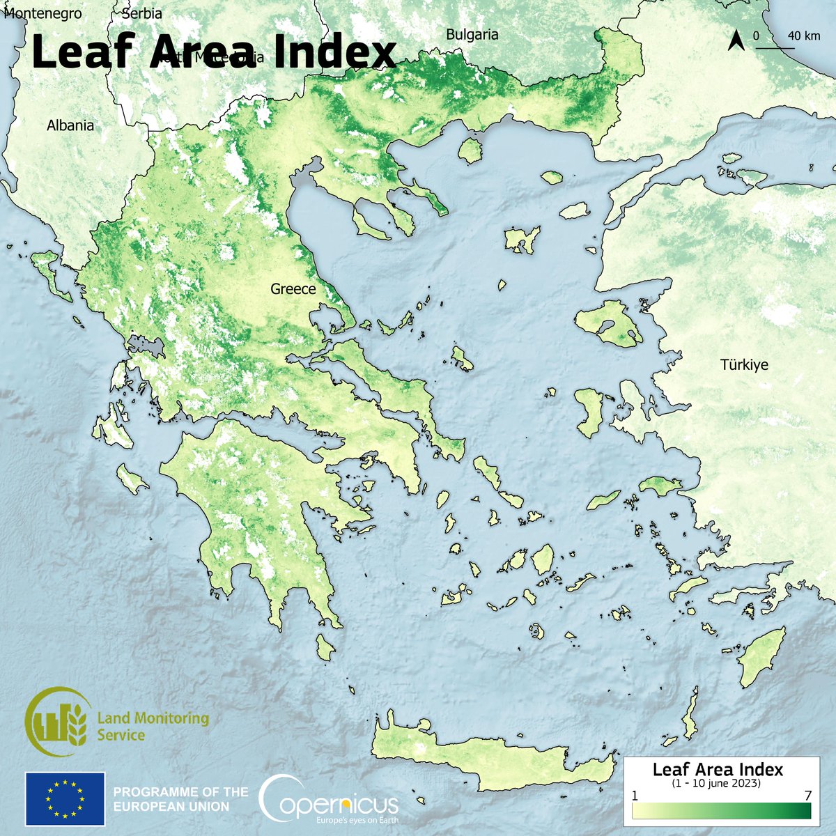 Copernicus Land Monitoring Service Product based on Leaf Area Index (LAI) using Copernicus Sentinel-2 data. Credit: European Union, CLMS