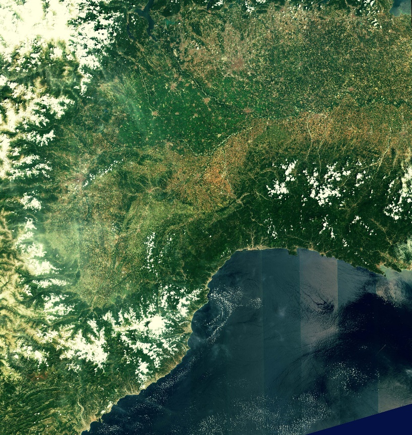 The first Sentinel-2 image captured, showing the Po Valley, framed by the Alps in the north and the coastal mountains of France and Italy in the South. Credit: ESA