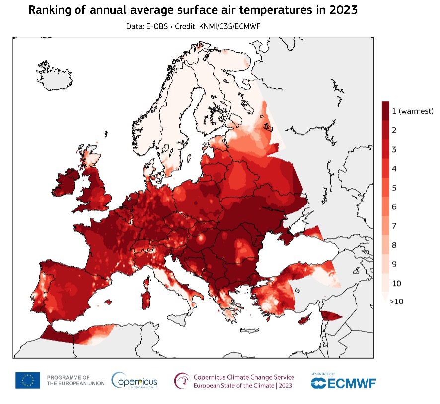 Ranking of average surface air temperatures 2023.