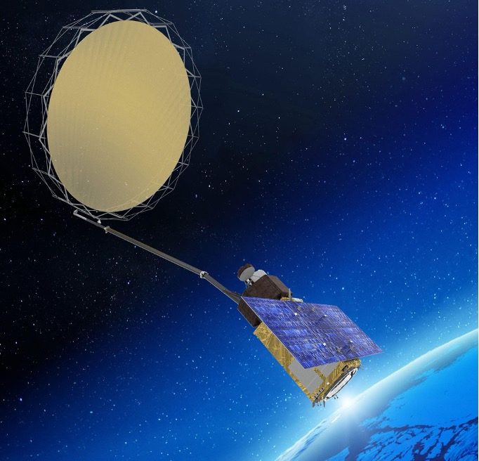 The image is an artist’s impression of the CIMR (Copernicus Imaging Microwave Radiometer) satellite. The satellite features a large circular antenna dish connected to the main body by a long arm. The main body is equipped with solar panels and various instruments. The satellite is depicted orbiting above the Earth, with the planet's curvature and a blue atmospheric layer visible below. The background shows the dark expanse of space dotted with stars. This satellite image is credited to Thales Alenia Space.