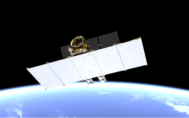 The image is an artist’s impression of a ROSE-L (Radar Observing System for Europe in L-band) satellite. The satellite features a prominent radar dish and large solar panels extending outward from its main body. It is depicted orbiting above the Earth, with the planet's blue surface and atmosphere visible below. The satellite is designed for radar observation and monitoring. The background shows the dark expanse of space. This satellite image is credited to Thales Alenia Space.