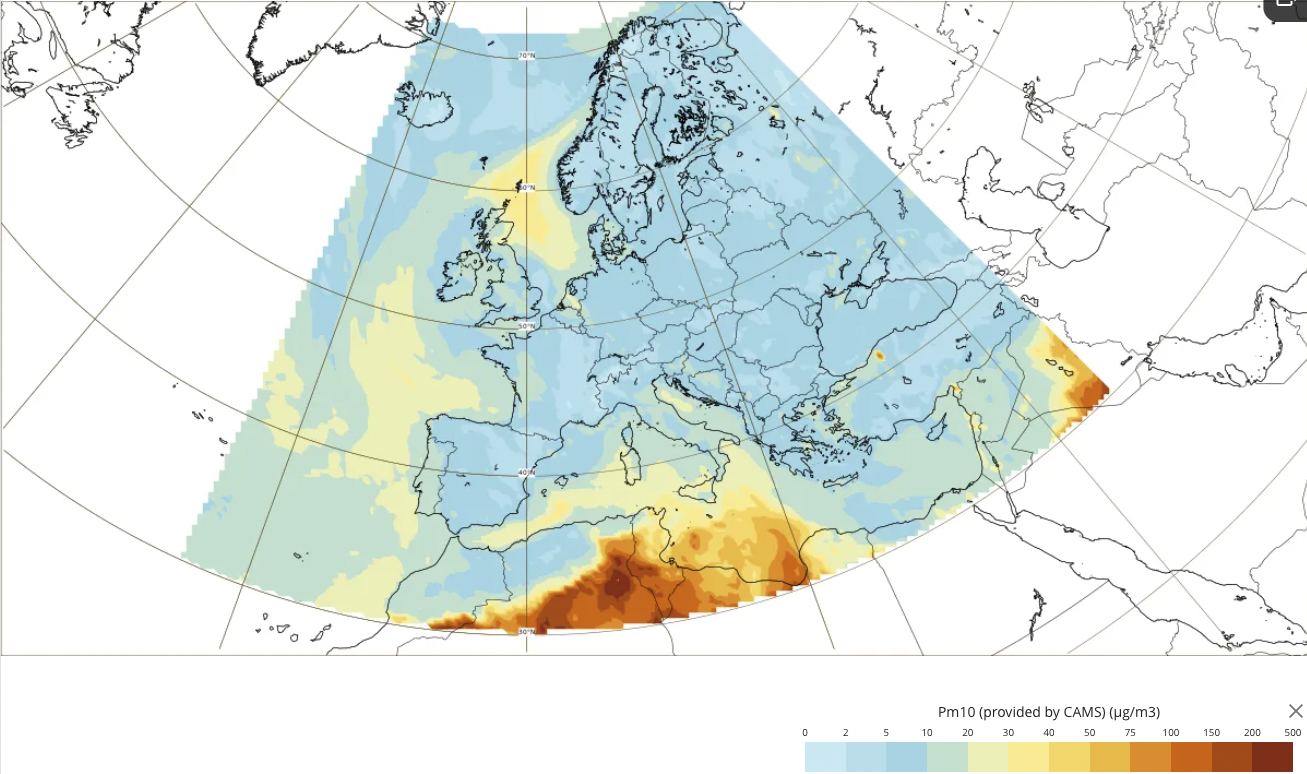 An example of CAMS daily regional forecasts for PM10 available on the CAMS charts page. Credit: European Union, Copernicus Atmosphere Monitoring Service data 