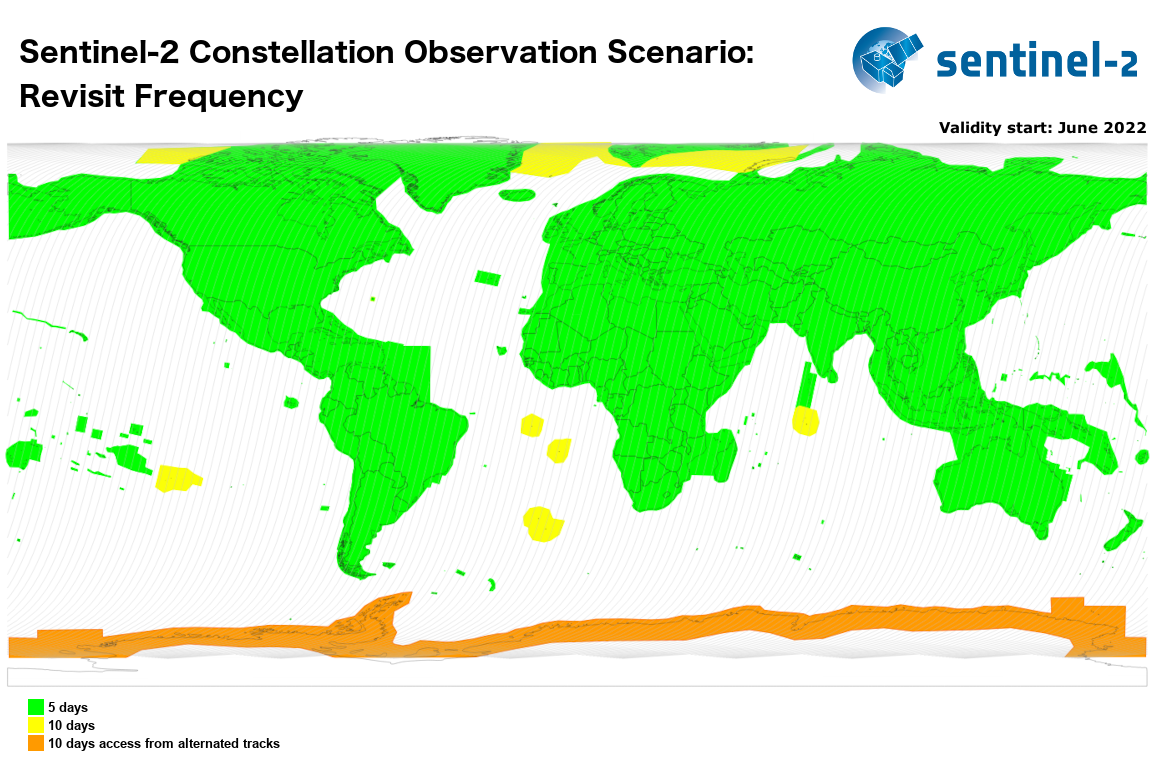 Map showing Sentinel-2 coverage and revisit time for MSI acquisitions. Credit: ESA