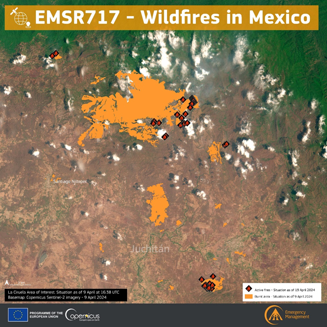 This data visualisation, based on a product from the Rapid Mapping module of the Copernicus Emergency Management Service, shows the extent of a serious fire in Mexico in April 2023. The image shows the 3rd delineation monitoring of the fire (9 April 2023) and was produced with Copernicus Sentinel-2 data. Credit: European Union, Copernicus Emergency Management Service