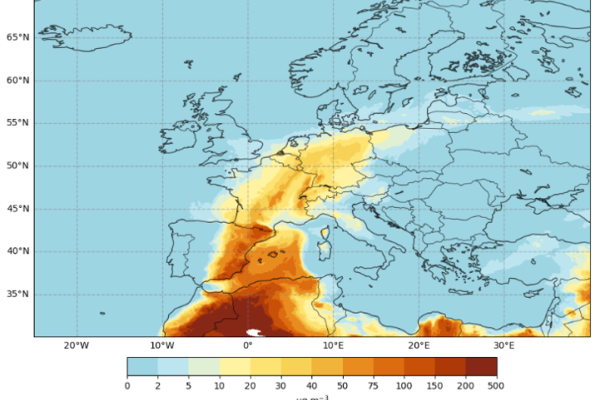 The image is a forecast map from the CAMS Regional Ensemble, showing the daily maximum dust concentration at ground level for 8 April 2024. The map covers Europe and parts of Northern Africa, with varying colours representing different dust concentrations in micrograms per cubic metre (µg/m³). Darker shades of red and brown indicate higher dust levels, particularly over Spain, France, and North Africa. The map includes a scale bar at the bottom, with values ranging from 0 to 500 µg/m³. Logos for the Europea